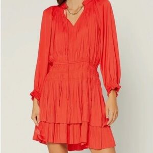 Anthropologie Current Air Poppy Red Ruffled Tiered Long Sleeve Dress